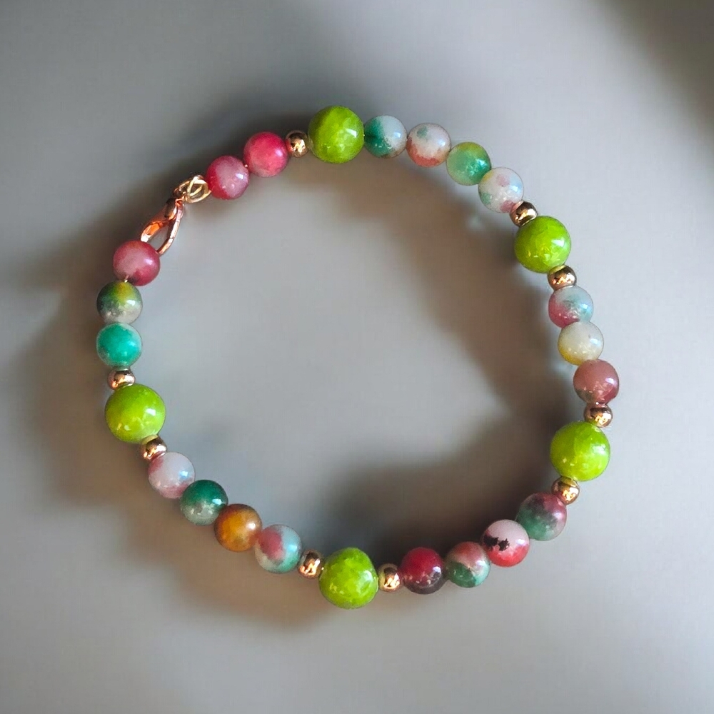Multicolor Jade Bracelet | 6mm Gemstone Beads with Gold Accents | - Picture 1 of 2